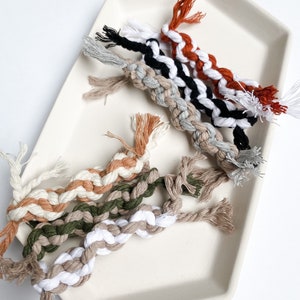May include: A set of six braided rope dog toys in various colors, including orange, black, white, gray, green, and beige. The toys are arranged on a white ceramic plate.