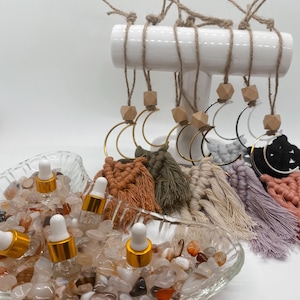 Crescent Moon Essential Oil Diffuser / Macramé Moon Car Charm Tassel with Mini Oil - Made to Order Custom Color Car Charm Aromatherapy