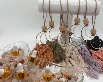 Crescent Moon Essential Oil Diffuser / Macramé Moon Car Charm Tassel with Mini Oil - Made to Order Custom Color Car Charm Aromatherapy