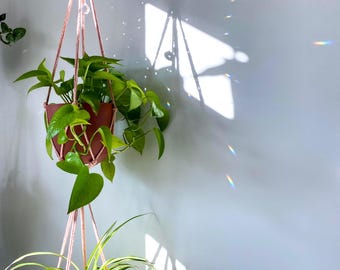 Double Macramé Plant Hanger with Crystal Suncatcher – Two Tier Indoor/Outdoor Hanging Planter Decor for Potted Plants