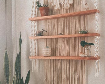 Boho Macramé Shelf ( 2ft) | Custom Rustic Plant Shelf with Tassels | Crystal Shelf | Multi Tier/Depth Option Macramé Shelves