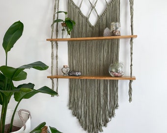 Double Macrame Shelf | 2 Tier Boho Plant Shelf | Bohemian Decorative Wall Shelf