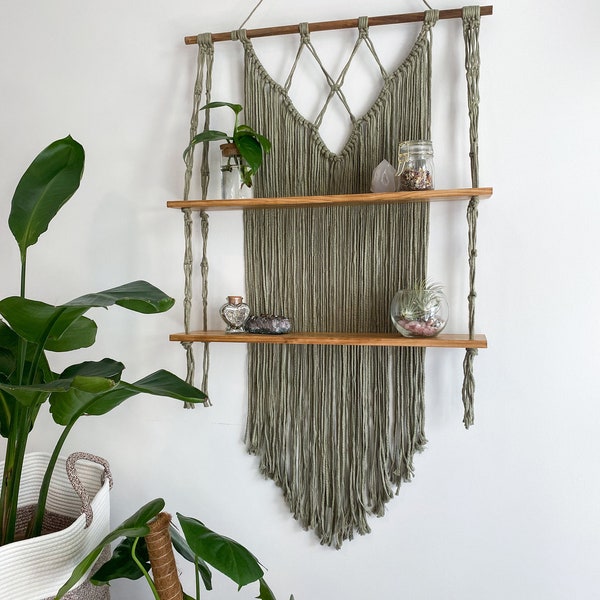 Double Macrame Shelf | 2 Tier Boho Plant Shelf | Bohemian Decorative Wall Shelf