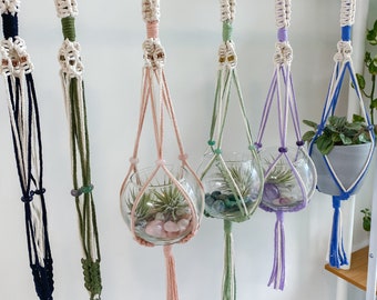 Adjustable Macrame Plant Hanger / Crystal Bead Plant Hanger / Small-Medium Macrame Terrarium Holder / Celestial Plant Hanger