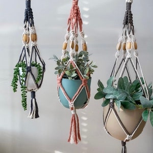 Two-Tone Plant Hanger with Large Wooden Beads / Color Block Multi Texture, Boho Plant Hangers