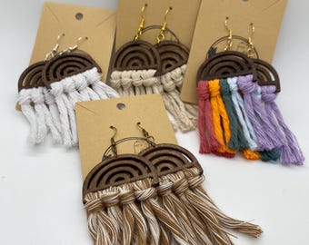 Boho Wooden Rainbow Frame Earrings - Custom Color Combination - Macrame Fringe Earrings