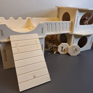 Può includere: Una casetta di gioco in legno a più livelli per piccoli animali domestici, con una rampa, una piattaforma e due nidi. La casetta di gioco è realizzata in legno naturale e ha un colore marrone chiaro. La casetta di gioco è decorata con le lettere "L" e "CAV".