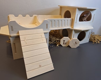 Große Hamster Burg mit Brücke - L - für Hamster, Gerbil  / Hamsterhaus / Kleintierzubehör aus Holz (Nager/Kleintiere)