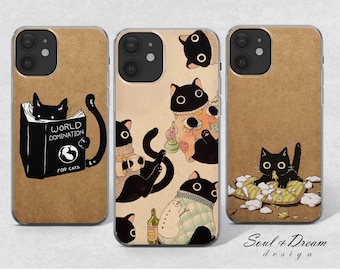 Kawaii Aesthetic Cute Black Cat Phone Case for iPhone 15 Plus 14 Pro 13 12 11 X Xr 8+ 7 & S21 A50 A51 Huawei P20 P30 Pro