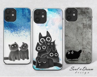 May include: Three phone cases with different designs featuring black cats. The first case has a blue watercolour background, the second case has a white watercolour background, and the third case has a grey concrete background. All cases have a black cat design with white eyes.
