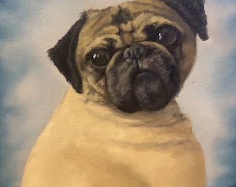 Peut inclure: Une peinture d'un carlin avec un pelage brun clair et des oreilles noires. Le chien regarde le spectateur avec une expression sérieuse. L'arrière-plan est bleu clair avec des nuages blancs.