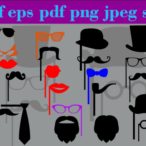 Photo Booth Props SVG, 23 Party Photo Booth Prop, prop set, Birthdays, Weddings, Parties, Photobooth Props, Mustache, Hat, Glasses ,On Stick