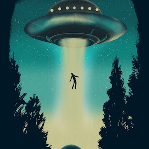 May include: A dark blue and silver UFO hovers over a forest at night, with a beam of light shining down on a person in silhouette.