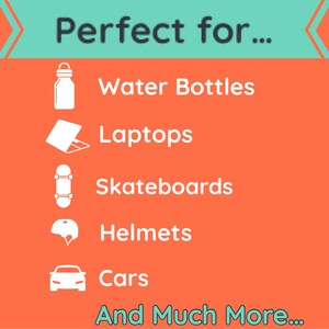 May include: A graphic with a teal banner that says "Perfect for..." and a list of items that are perfect for using stickers on. The items include water bottles, laptops, skateboards, helmets, and cars.