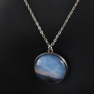 Tampa Bay Florida Sunrise with Blue Clouds and Orange Sky Necklace silver chain round