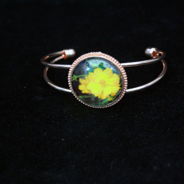 Rose Gold Yellow Wild Cosmos Flower Cabochon Cuff Bracelet