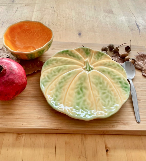 Conjunto de plato de postre y ensaladera de ceramica Calabaza de Bordallo Pinheiro. Fabricado en Portugal. Vajilla inusual de cocina campestre. Lindo regalo para ella Etsy Mexico