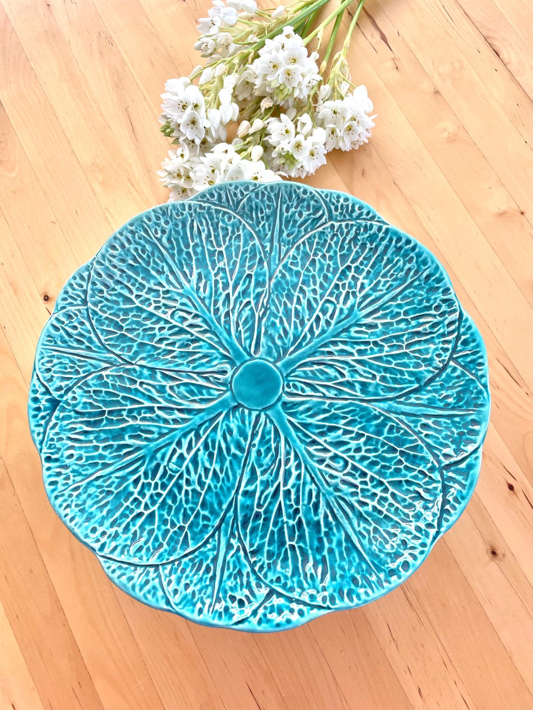 Ceramic Cabbage Pedestal Cake Plate, Turquoise Blue. Portuguese ...