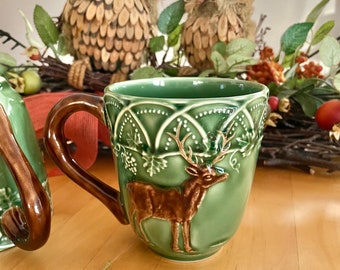 Ceramic Deer mug by Bordallo Pinheiro. The "Woods" collection, features an embossed Deer and vine leaves. Handmade, handpainted, gifts