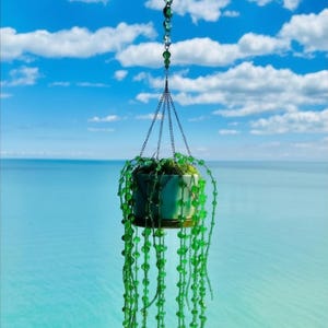 May include: A hanging planter featuring a small, light-colored pot filled with moss and long, trailing strands of vibrant green beads. The planter is suspended by thin metal chains connected to a vertical string of faceted green and clear crystals.