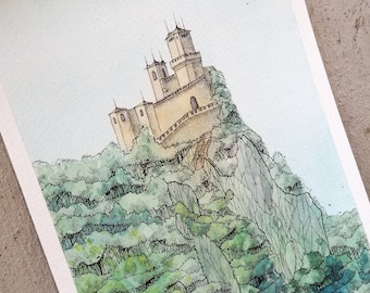 Scottish castle in a tree cloud - original watercolor and ink painting