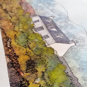 May include: A watercolor painting of a small white house with a black roof, surrounded by green foliage and a blue sky with clouds in the background.