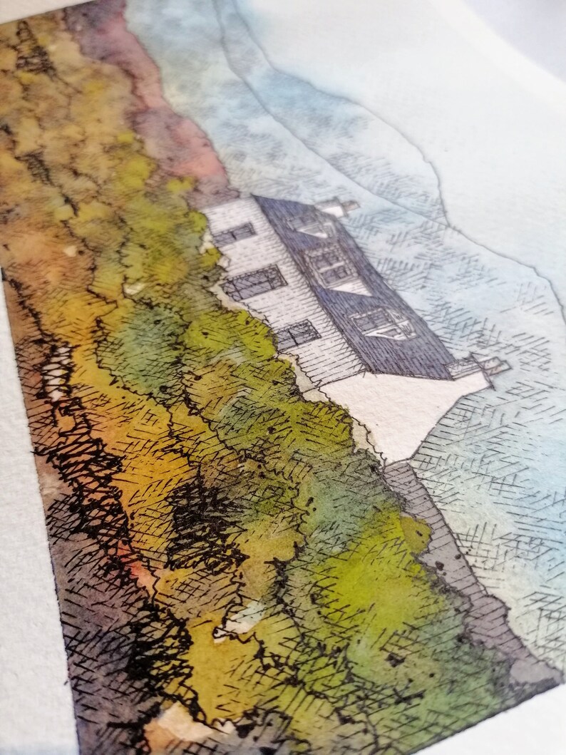 May include: A watercolor painting of a small white house with a black roof, surrounded by green foliage and a blue sky with clouds in the background.