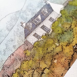 May include: A watercolor painting of a white house with a blue roof, surrounded by green bushes and trees. The house is set against a backdrop of a blue and white sky with mountains in the distance.