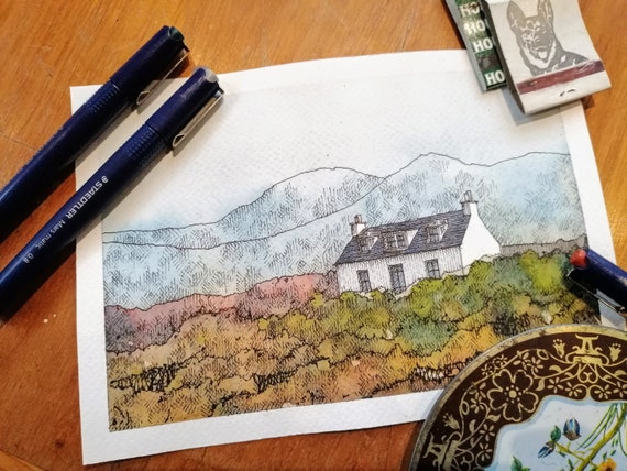 Cottage on the Isle of Skye - pintura original en acuarela y tinta