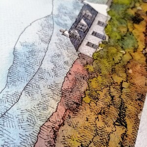 May include: A watercolor painting of a house on a hillside with a blue sky and green trees. The house is white with a black roof and windows. The hillside is covered in brown and green foliage.