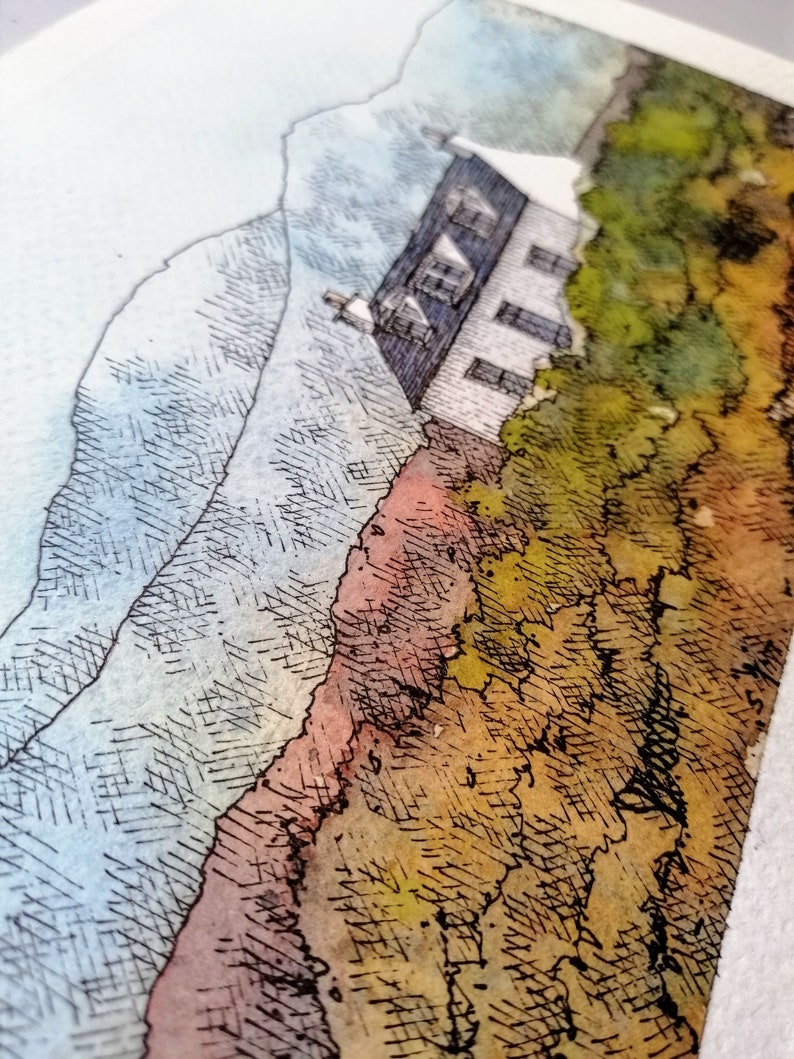May include: A watercolor painting of a house on a hillside with a blue sky and green trees. The house is white with a black roof and windows. The hillside is covered in brown and green foliage.