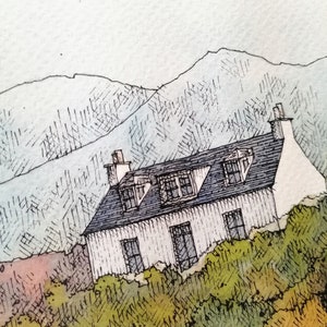 May include: A watercolor painting of a white cottage with a black roof and multiple windows. The cottage is nestled in a green hillside with a mountain range in the background.
