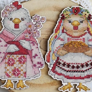 Cute chick cross stitch bundle PDF, Japanese and Ukrainian costume birds, beaded and regular versions