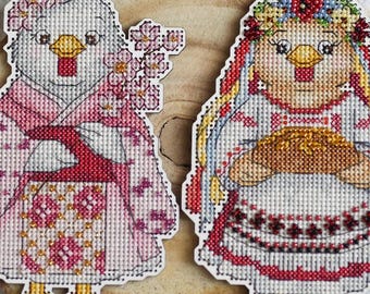 Cute chick cross stitch bundle PDF, Japanese and Ukrainian costume birds, beaded and regular versions