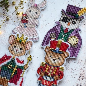 Forest masquerade. 4 in 1 Nutcracker cross stitch pattern, beaded metallic thread Christmas ornament, Bear, Drosselmeyer, Clara, Mouse King