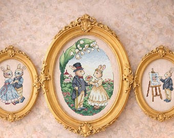 Vintage regency romance cross stitch patterns PDF bundle set of 3, elegant historical couple designs