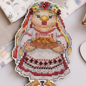 Cute Ukrainian chick cross stitch pattern, folk costume bird, beaded PDF chart, spring Easter gift