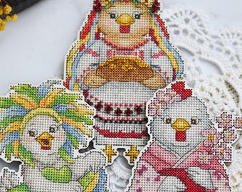 Cute chicken cross stitch pattern bundle PDF, 3 funny costume chicks designs with beaded option