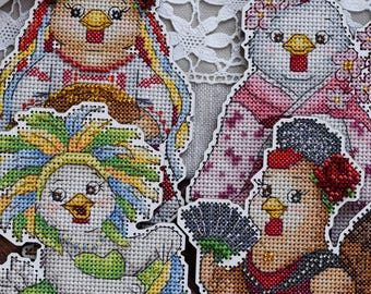 Cute chicken cross stitch pattern bundle, national costume bird set Japan Brazil Spain Ukraine, funny chick designs PDF