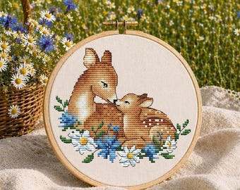 Doe and baby cross stitch pattern PDF, Forest floral nursery design, animal deer embroidery chart, "Always together"