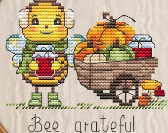 Thankful bee cross stitch pattern PDF, cute autumn embroidery chart, cozy fall quote "Be Grateful", small Thanksgiving design