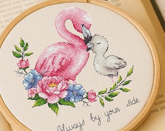 Flamingo and baby cross stitch pattern PDF, Pink Floral Nursery Design, Bird Embroidery Chart, "Always by Your Side"