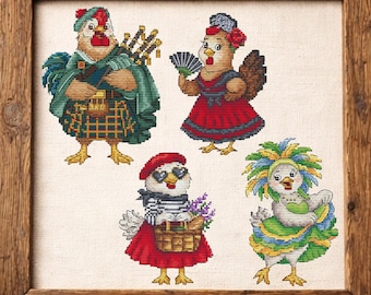 Chicken cross stitch pattern bundle (4 in 1), cute summer farm animals, funny hen and rooster designs, instant PDF download