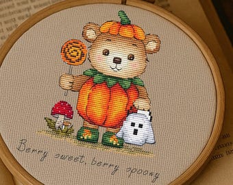 Berry spooky bear cross stitch pattern, cute Halloween pumpkin bear, modern fall embroidery PDF