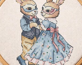 Regency masquerade bunny cross stitch pattern PDF, cottagecore love story design, romantic victorian rabbit couple