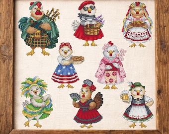 Chicken cross stitch bundle PDF, funny summer travel chick patterns, cute bird embroidery set, instant download