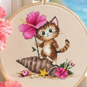 Tropical cat cross stitch pattern PDF, cute kitten embroidery design, hibiscus flower chart, beach summer animal decor, instant download
