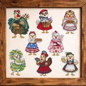 Chick cross stitch pattern bundle, 8 cute chicken coop travel designs PDF, easter, spring, summer decor with beaded and regular version