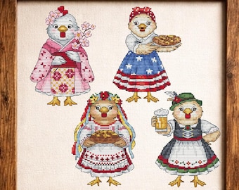 Cute chicken cross stitch pattern bundle, 4 funny country chick designs PDF, beaded and regular versions