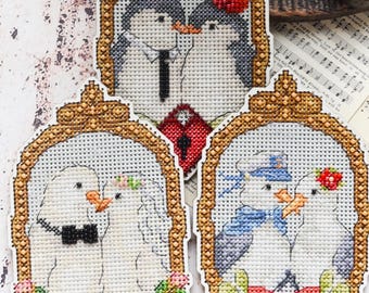 Romantic bird couples cross stitch set, penguin, dove, and albatross, wedding and anniversary gift pattern PDF